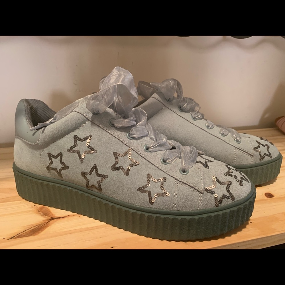 Powder Blue Platform Sneaker w/ Sequins Stars